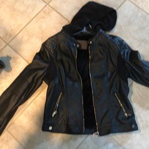 Black faux leather jacket with removable hood